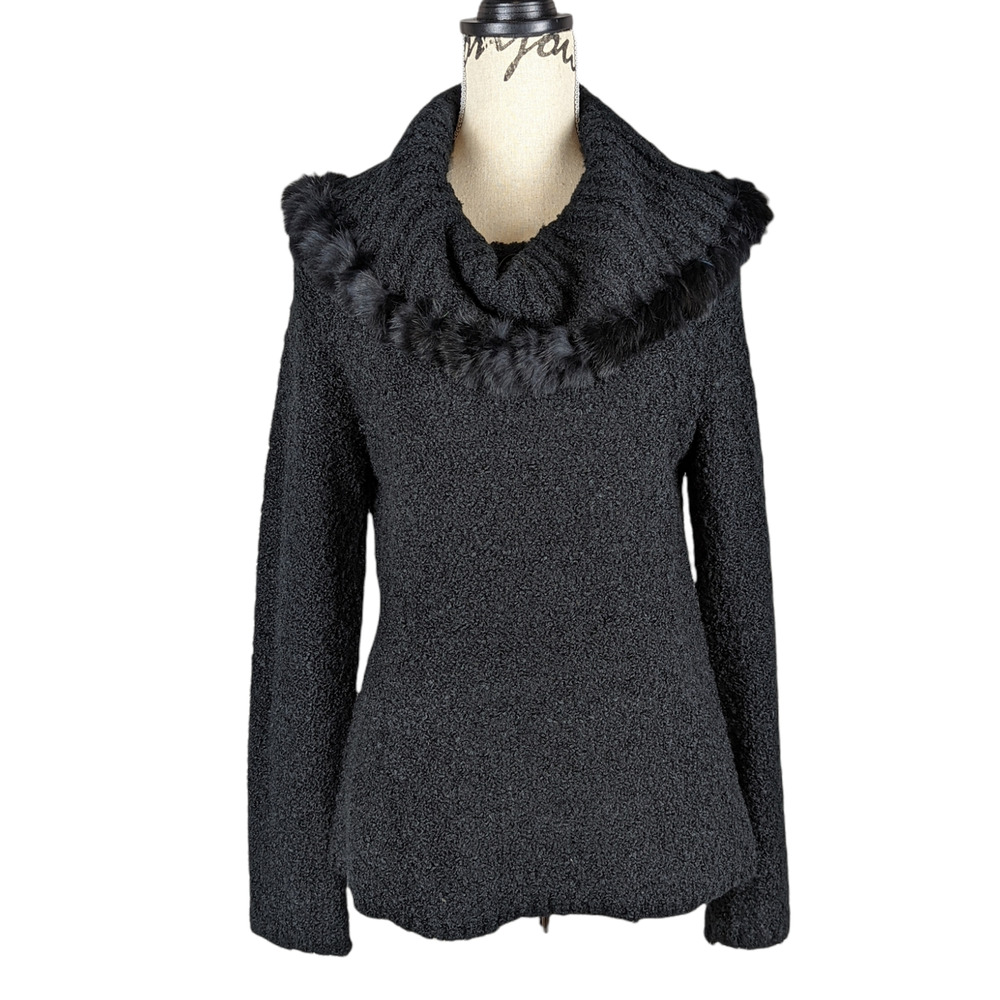 Escapade Rabbit Fur Trimmed Cowl Neck Sweater Black Size Medium